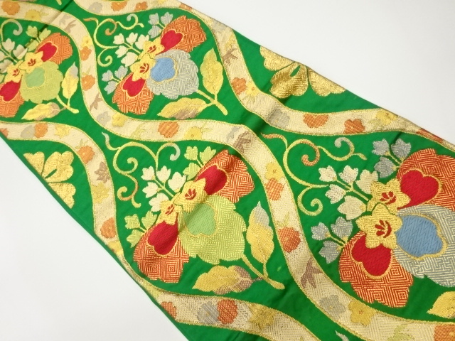 立涌に桐・花々模様織出し袋帯